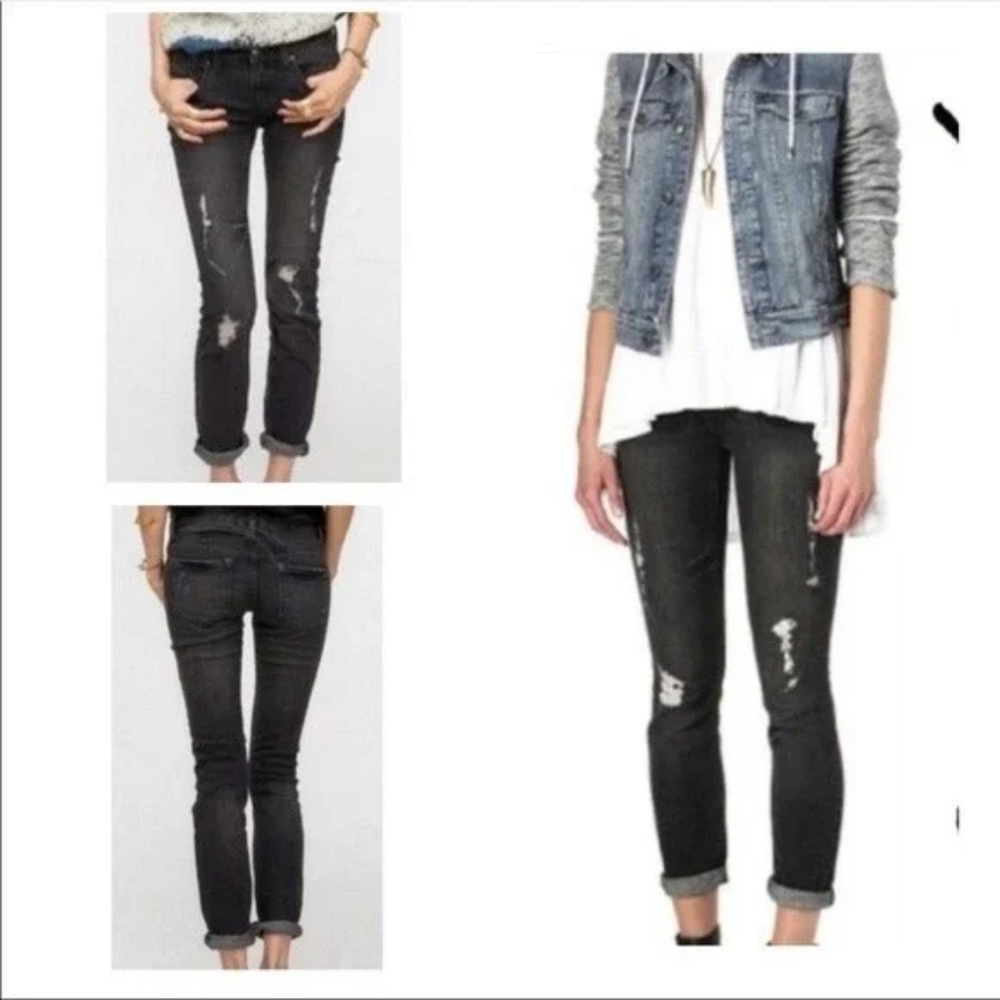 Free People Mid Rise Skinny/Boyfriend Washed Black Distressed Jeans Size 29